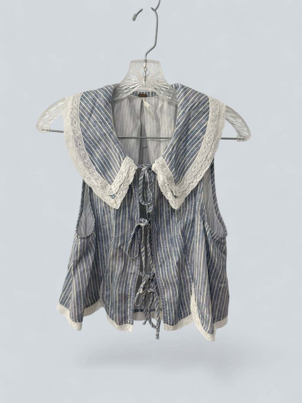 Free People Striped Tie Front Vest Size XS Blue Lace Trim